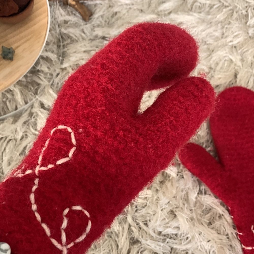 Handmade Red Felted Wool Mittens - Picture 13 of 17